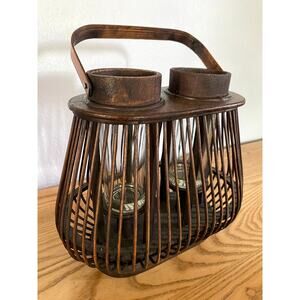 Wood Lantern with Bentwood Handle and Glass Inserts